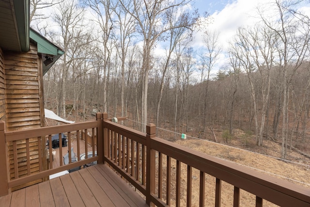 wooden deck with a wooded view