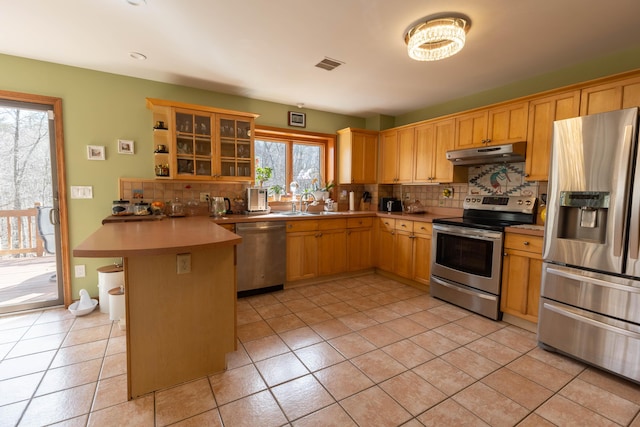 kitchen with under cabinet range hood, a peninsula, visible vents, appliances with stainless steel finishes, and backsplash