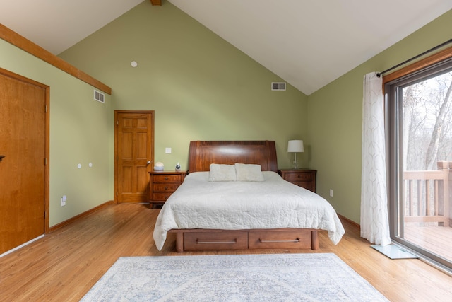 bedroom with light wood finished floors, visible vents, and baseboards