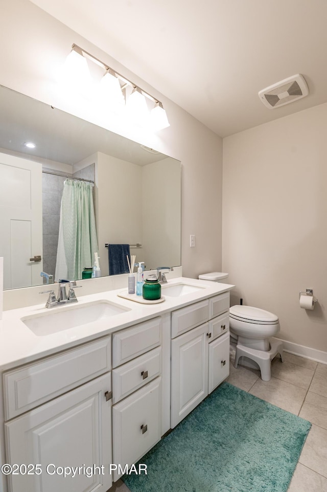 bathroom with tile patterned flooring, vanity, toilet, and a shower with shower curtain