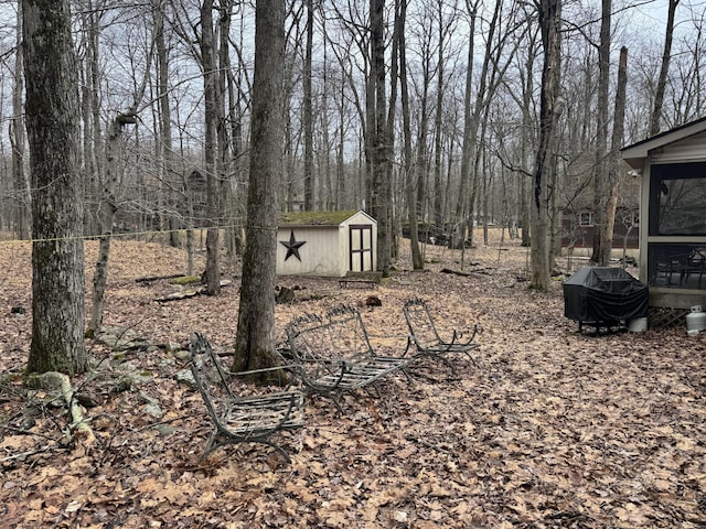 view of yard with an outdoor structure, a storage unit, and fence