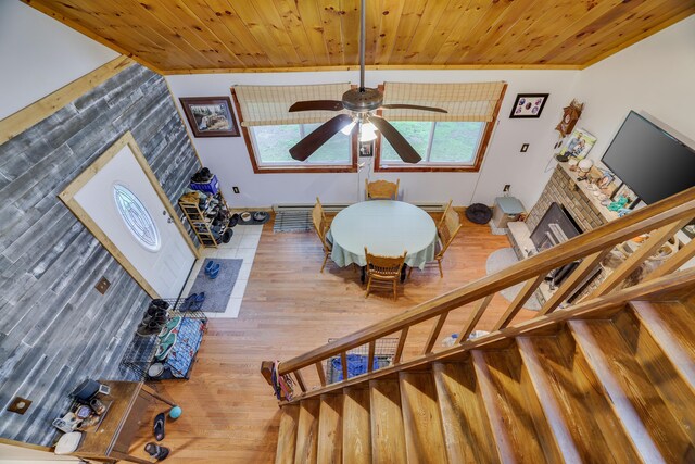 235 Scenic Dr, East Stroudsburg, PA 18302 - living room with a ceiling fan, wooden ceiling, wood finished floors, a fireplace, and stairway