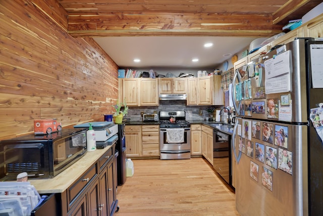 235 Scenic Dr, East Stroudsburg, PA 18302 - kitchen featuring black appliances, light brown cabinetry, under cabinet range hood, light wood finished floors, and a sink