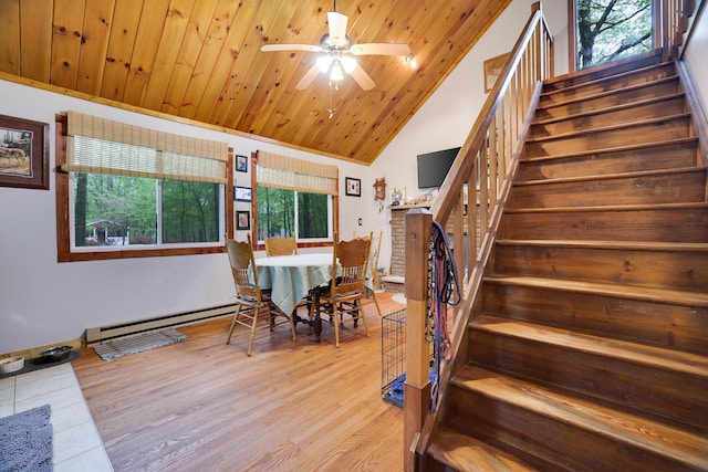 235 Scenic Dr, East Stroudsburg, PA 18302 - dining area with stairway, wooden ceiling, wood finished floors, a baseboard radiator, and ceiling fan