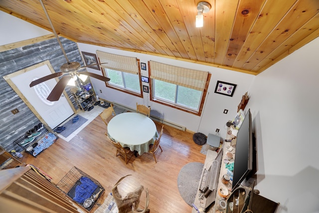 235 Scenic Dr, East Stroudsburg, PA 18302 - living area with wooden ceiling, wood finished floors, vaulted ceiling, a ceiling fan, and a baseboard heating unit