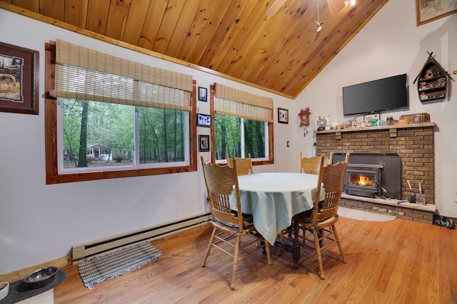235 Scenic Dr, East Stroudsburg, PA 18302 - dining area with a baseboard heating unit, a fireplace, wood finished floors, vaulted ceiling, and wooden ceiling