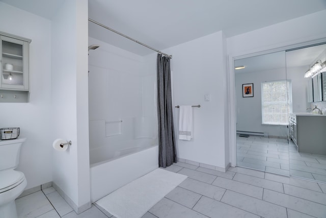 5175 White Birch Dr, Long Pond, PA 18334 - full bathroom featuring toilet, a baseboard heating unit, shower / tub combo with curtain, vanity, and baseboards
