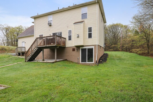 5175 White Birch Dr, Long Pond, PA 18334 - rear view of house with a wooden deck, stairs, a yard, and cooling unit