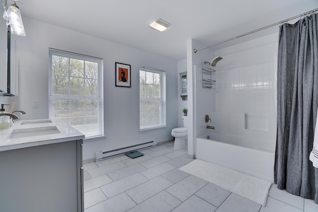 5175 White Birch Dr, Long Pond, PA 18334 - bathroom featuring a baseboard heating unit, toilet, shower / tub combo, and double vanity