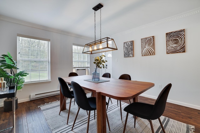 5175 White Birch Dr, Long Pond, PA 18334 - dining room with baseboard heating, baseboards, hardwood / wood-style flooring, and crown molding