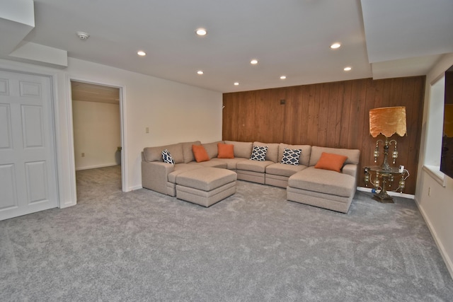 72 Chickadee Ln, Albrightsville, PA 18210 - carpeted living area with recessed lighting, wooden walls, and baseboards
