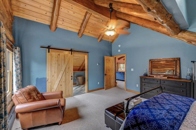 carpeted bedroom with beamed ceiling, wooden ceiling, and a barn door