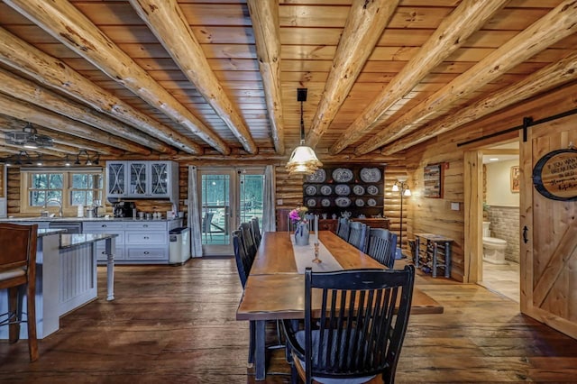 dining area featuring wooden ceiling, dark wood-type flooring, log walls, and beamed ceiling
