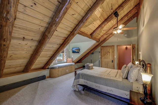 bedroom featuring wood ceiling, carpet flooring, lofted ceiling with beams, and a ceiling fan