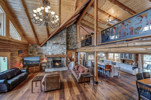 living room featuring wooden ceiling, high vaulted ceiling, and wood-type flooring