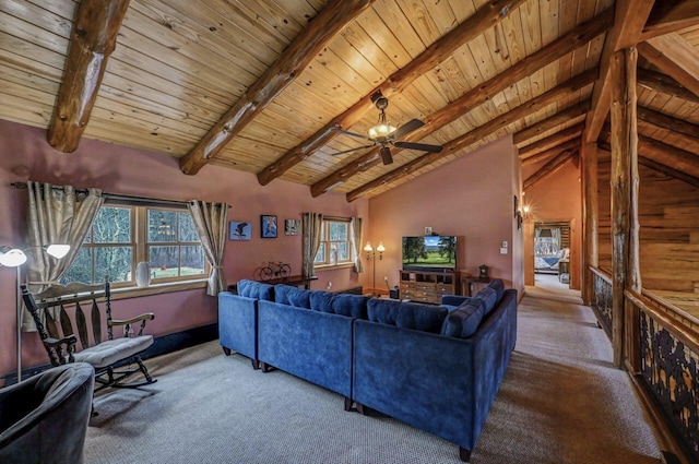 living area with a wealth of natural light, carpet, wooden ceiling, and ceiling fan