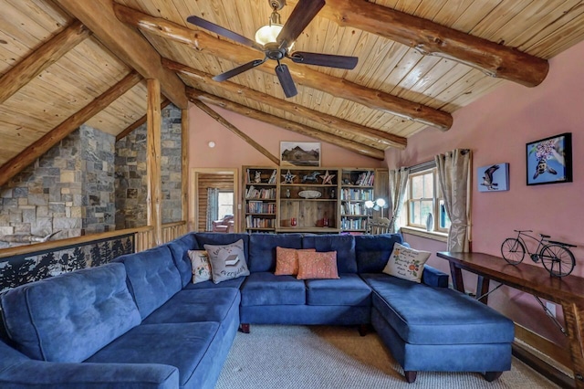 carpeted living room with ceiling fan, vaulted ceiling with beams, and wood ceiling