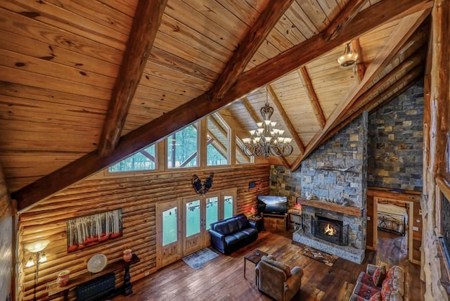 living area with beamed ceiling, high vaulted ceiling, wood ceiling, hardwood / wood-style floors, and a notable chandelier
