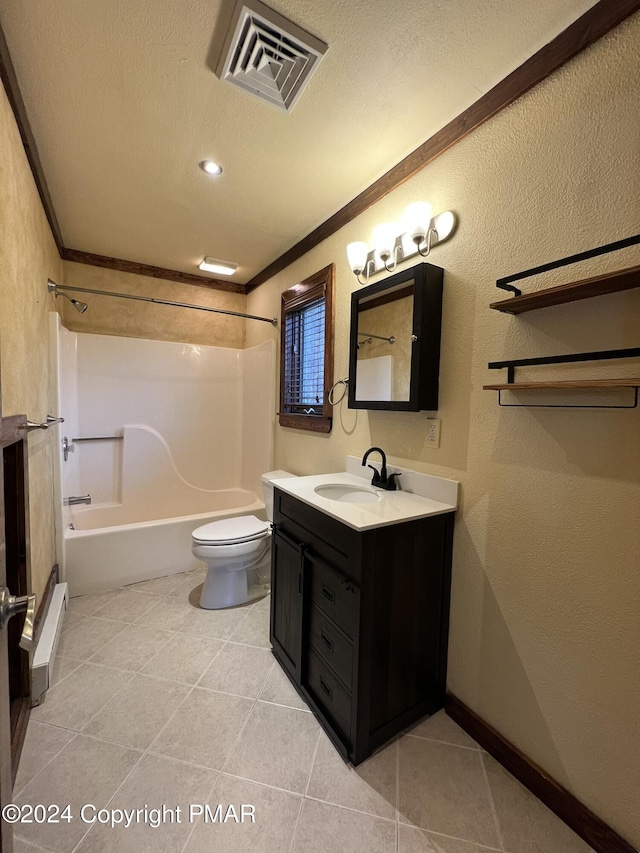 full bath featuring toilet, tile patterned floors, visible vents, and crown molding