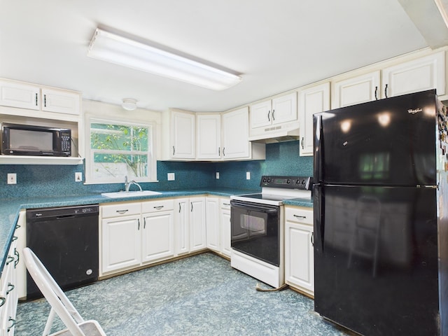 114 Oswayo Dr, Pocono Lake, PA 18347 - kitchen featuring black appliances, under cabinet range hood, a sink, and white cabinets
