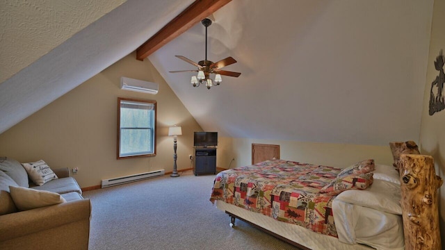 bedroom featuring baseboards, baseboard heating, an AC wall unit, vaulted ceiling with beams, and carpet