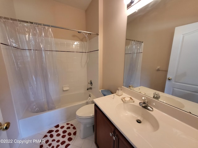 bathroom featuring toilet, tile patterned flooring, shower / tub combo with curtain, and vanity