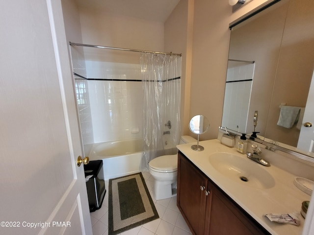 full bathroom with toilet, vanity, shower / bath combo with shower curtain, and tile patterned floors