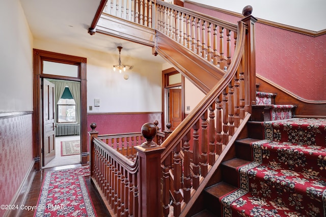 stairs featuring a wainscoted wall and wood finished floors