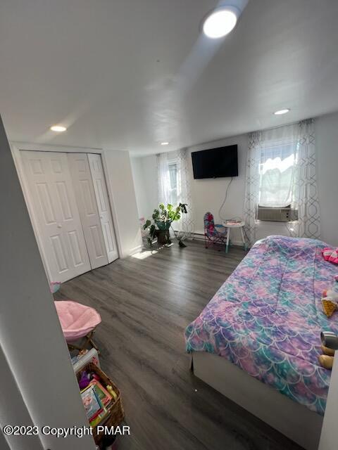 bedroom with wood finished floors and a closet