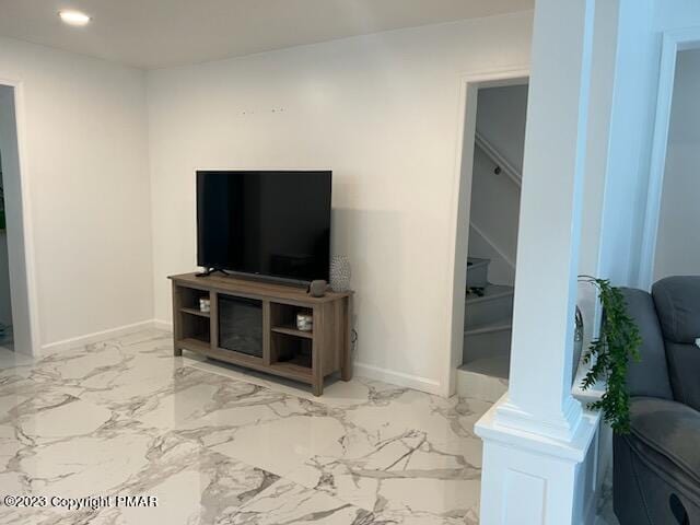 living area with stairs, recessed lighting, baseboards, and marble finish floor