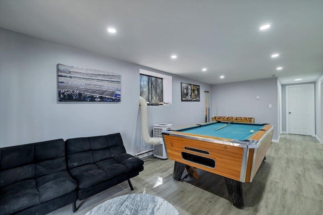 playroom featuring recessed lighting, baseboards, light wood-style floors, and pool table