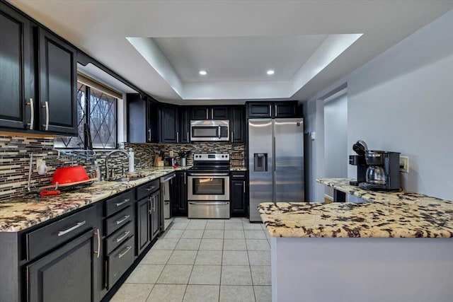 kitchen with a sink, a tray ceiling, backsplash, and stainless steel appliances