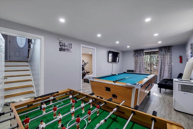 game room with recessed lighting, wood finished floors, and pool table