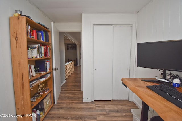 home office with dark wood-style floors