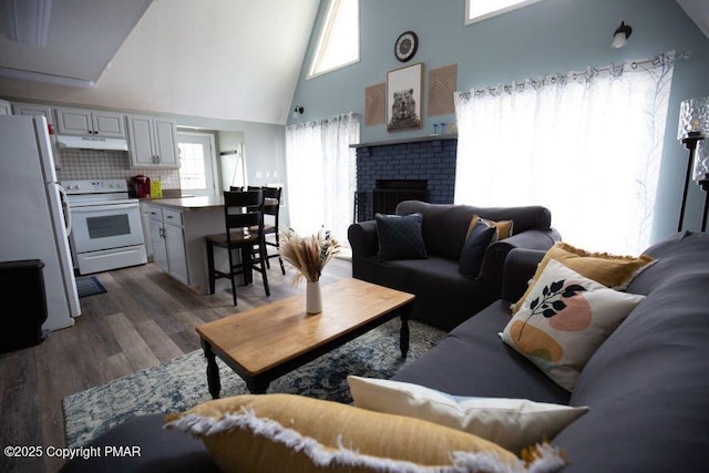 living room featuring high vaulted ceiling, a fireplace, and wood finished floors