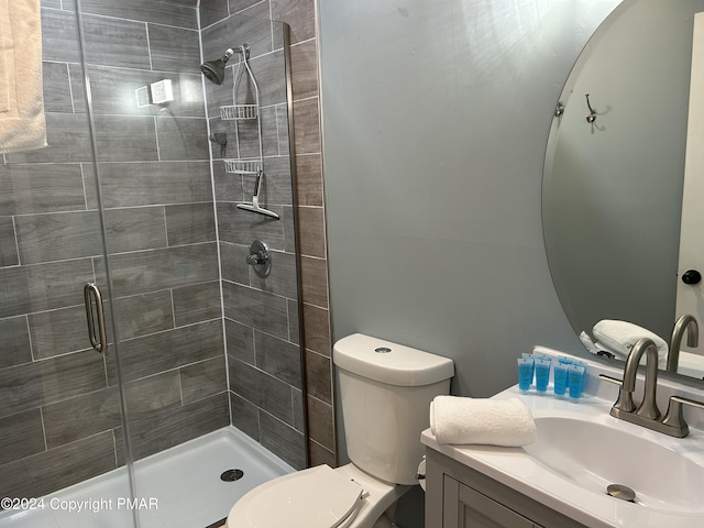 full bathroom featuring a shower stall, toilet, and vanity