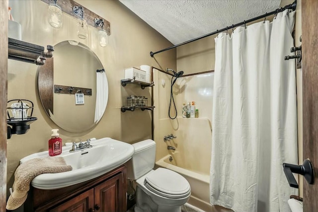 full bath with shower / bathtub combination with curtain, a textured ceiling, toilet, and vanity