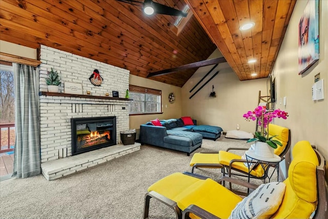 carpeted living area featuring wooden ceiling, a brick fireplace, and vaulted ceiling