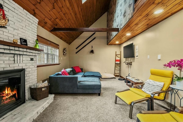 carpeted living room with a brick fireplace, wood ceiling, and vaulted ceiling