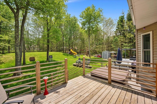 3336 Buck Run, Tobyhanna, PA 18466 - wooden deck with a shed, a playground, and a yard