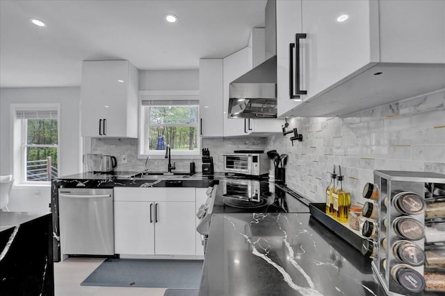 3336 Buck Run, Tobyhanna, PA 18466 - kitchen featuring stainless steel dishwasher, white cabinetry, modern cabinets, dark countertops, and recessed lighting