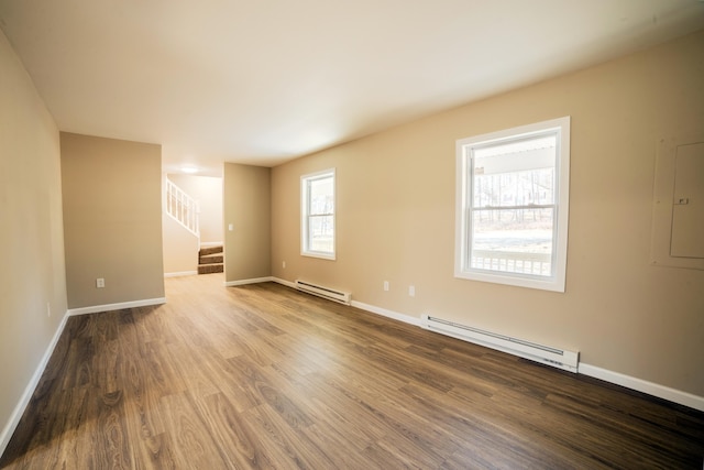 663 Sullivan Trl, Long Pond, PA 18334 - empty room featuring baseboard heating, stairway, wood finished floors, and baseboards