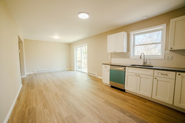 663 Sullivan Trl, Long Pond, PA 18334 - kitchen with a sink, dishwasher, baseboard heating, light wood finished floors, and tasteful backsplash