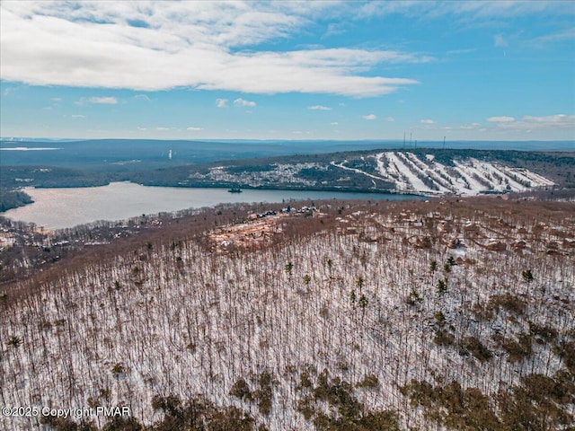 snowy aerial view featuring a water view