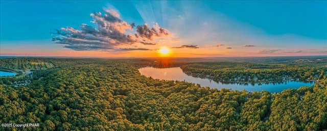 aerial view at dusk featuring a water view