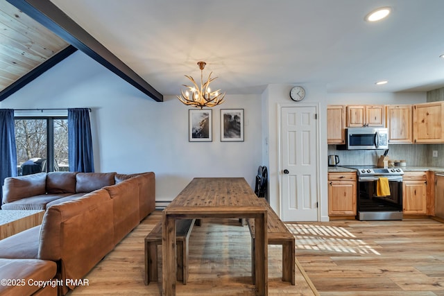 kitchen with appliances with stainless steel finishes, open floor plan, light wood finished floors, and light brown cabinetry