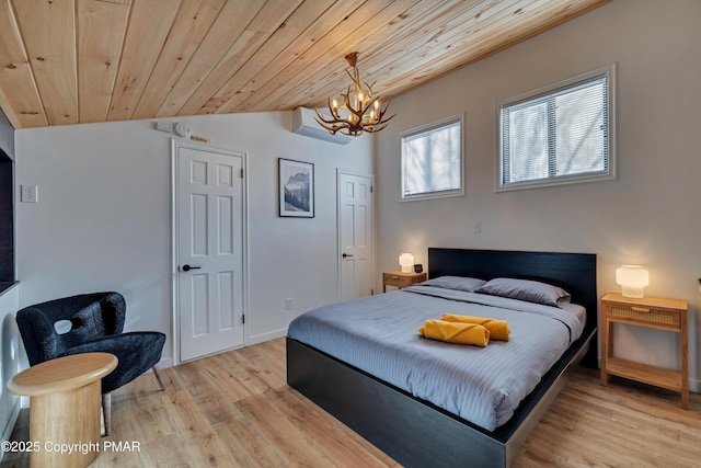 bedroom featuring wooden ceiling, baseboards, vaulted ceiling, light wood-type flooring, and an inviting chandelier