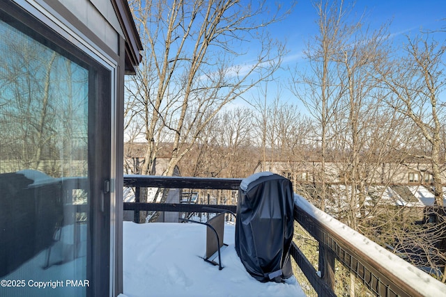 snow covered deck with area for grilling