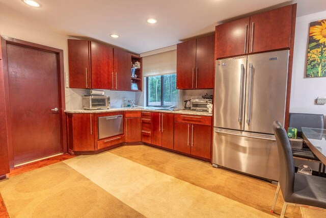 88 Wild Turkey Cir, Lake Ariel, PA 18436 - kitchen with stainless steel appliances, recessed lighting, reddish brown cabinets, and open shelves