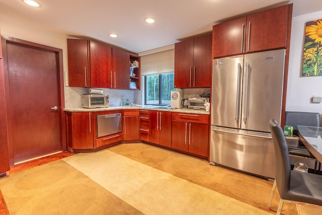 88 Wild Turkey Cir, Lake Ariel, PA 18436 - kitchen featuring stainless steel appliances, recessed lighting, reddish brown cabinets, and open shelves